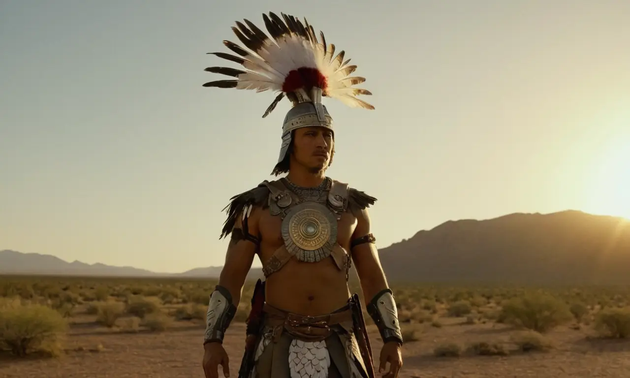 Un guerrero imponente se prepara para una aventura en el desierto