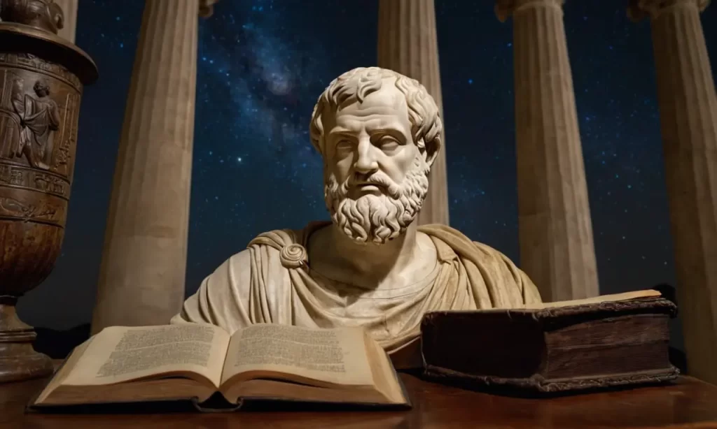 Un busto de Aristóteles rodeado de símbolos de sabiduría y grandeza