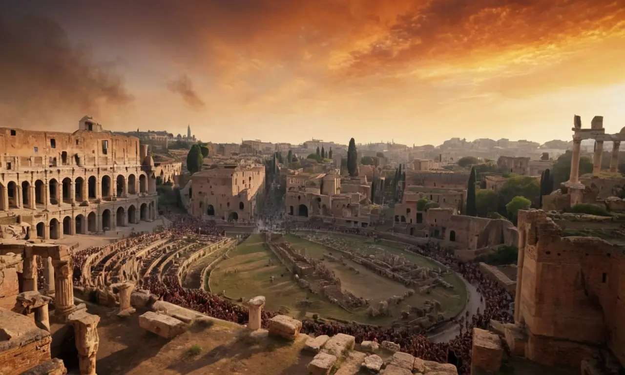 La crucifixión invertida de un hombre bajo la mirada indiferente de Nero