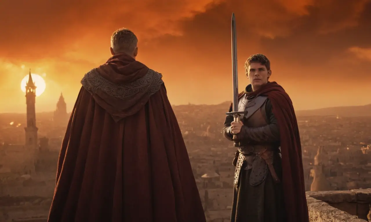 Un exiliado solitario contempla un ocaso ardiente desde las ruinas de su trono