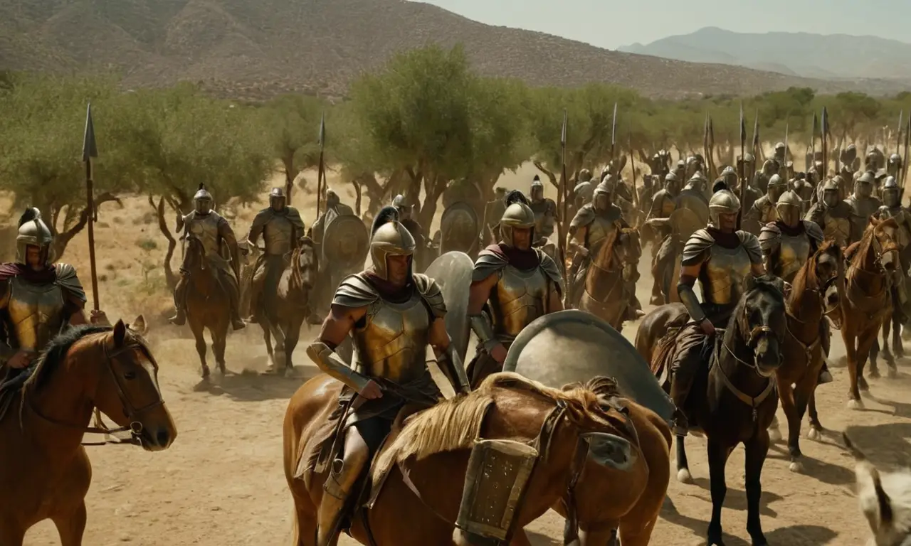 Un ejército espartano avanza hacia la batalla