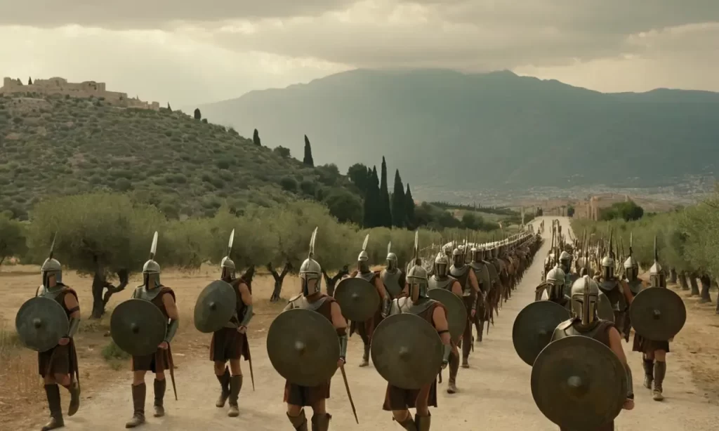 Soldados espartanos marchan hacia la ciudad ancestral bajo un cielo soleado