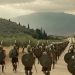 Soldados espartanos marchan hacia la ciudad ancestral bajo un cielo soleado