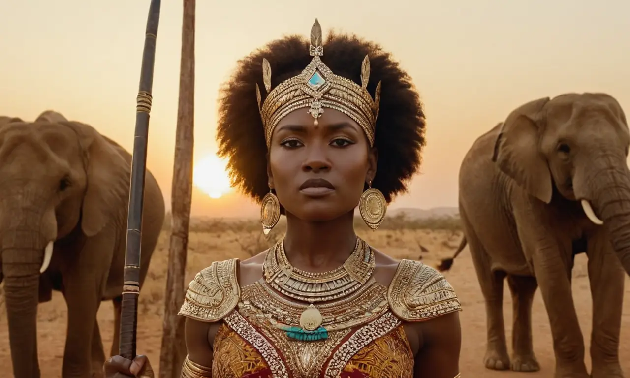 Una guerrera africana imponente bajo un cielo estrellado