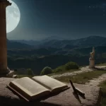 Un viajero solitario explora ruinas antiguas bajo un cielo nocturno