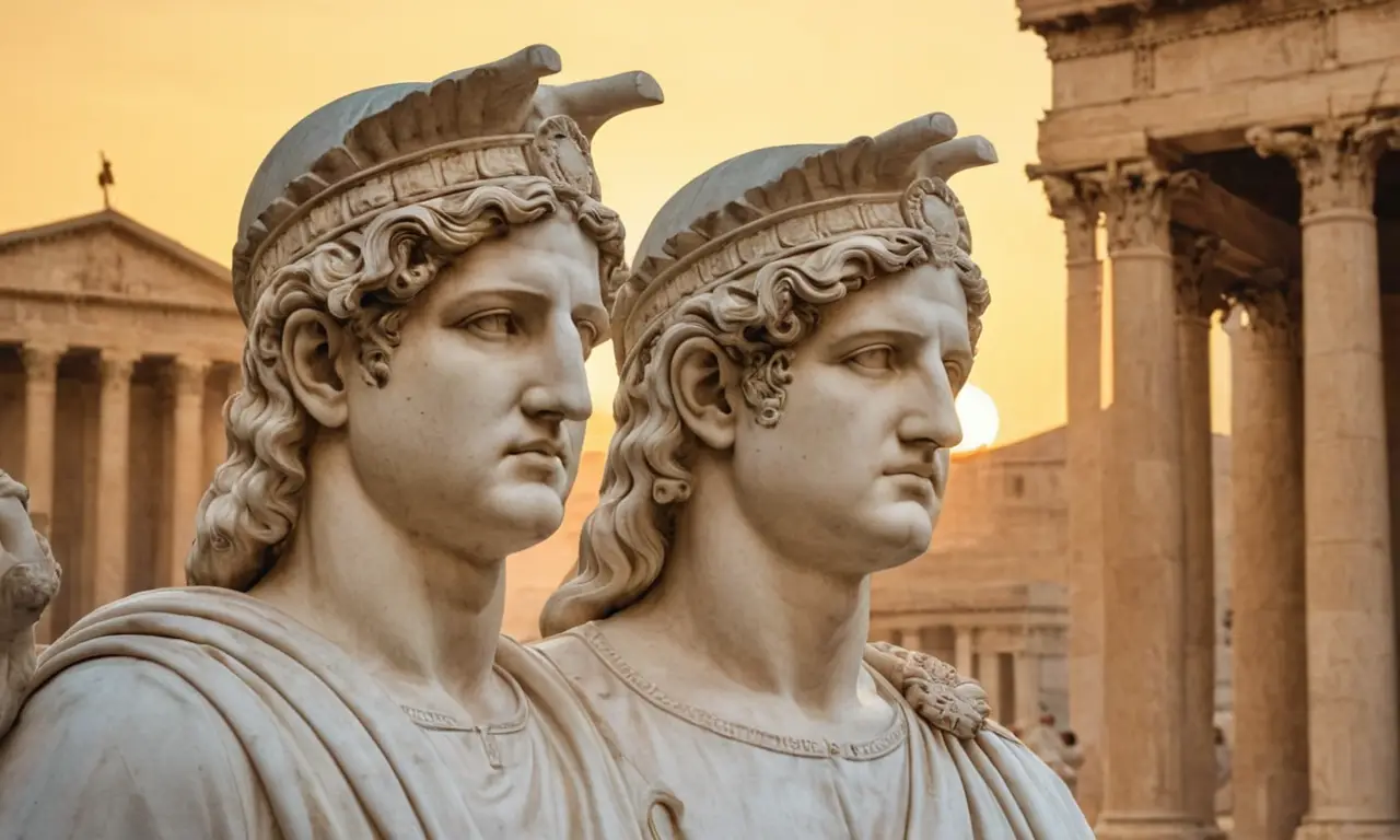 Janus, con rostro doble y atributos imperiales, preside un mercado romano vibrante