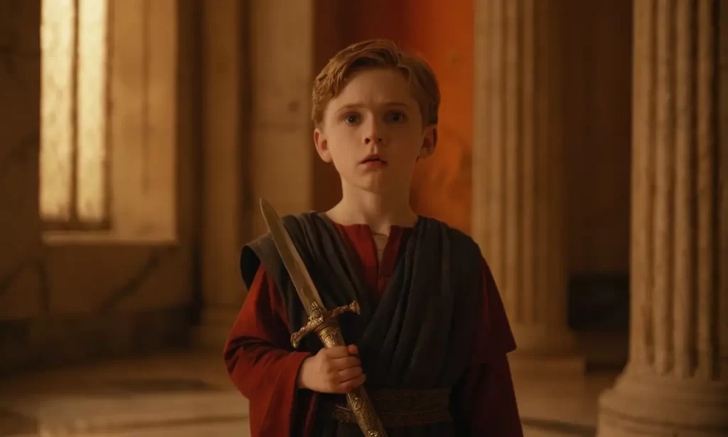 Un niño asustado observa un atardecer sangriento en una habitación oscura