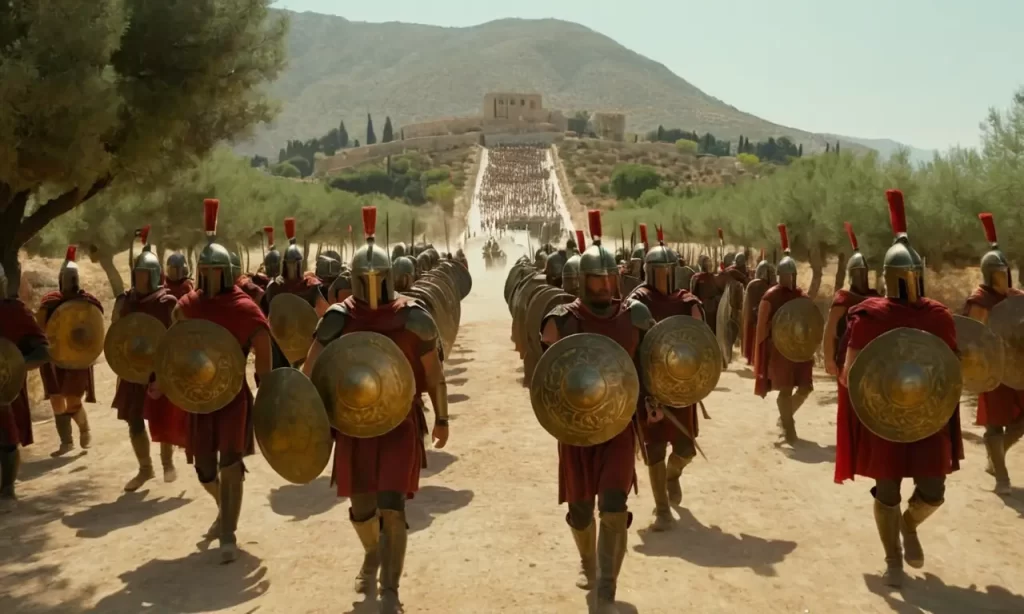 Un ejército espartano avanza hacia la batalla