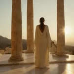 Un templo griego antiguo respira misterio bajo la luz dorada de la noche