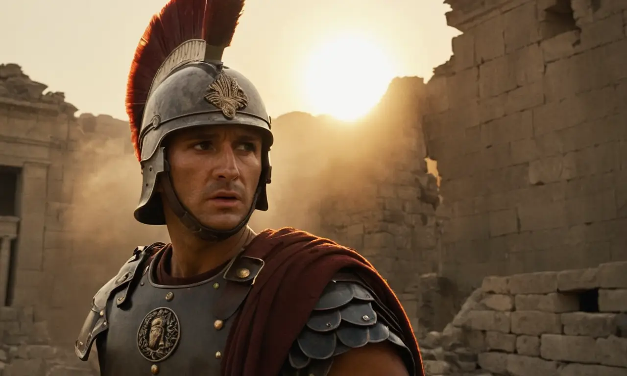 Un soldado romano endurecido avanza entre ruinas, símbolo de resiliencia